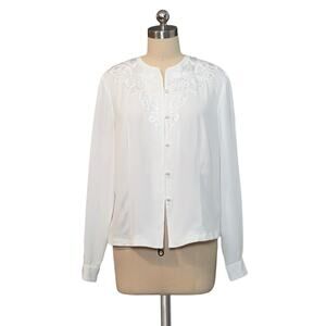 Vintage 90's Y2K LIZ BAKER White Embroidered Pearl Button Up Blouse Top 10